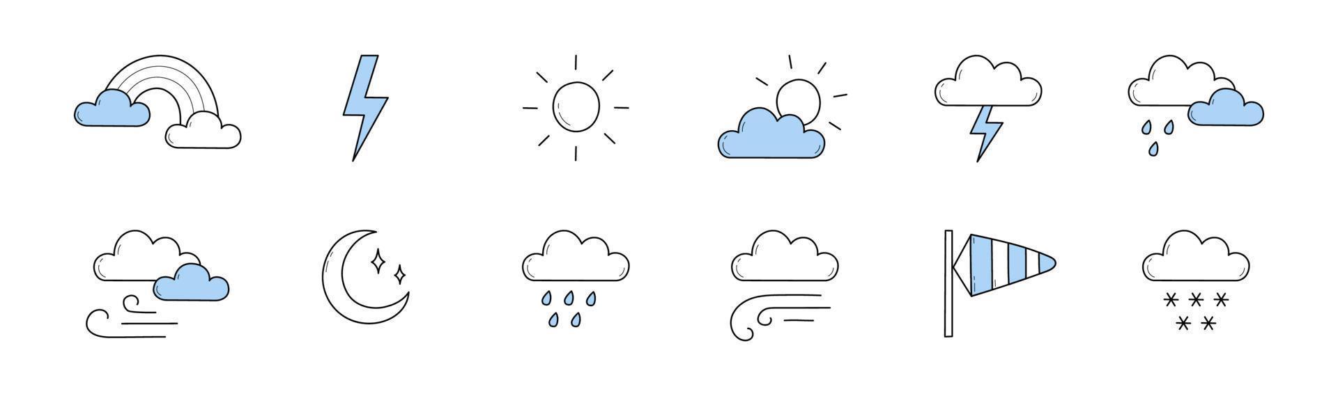 Set of weather forecast doodle icons collection vector