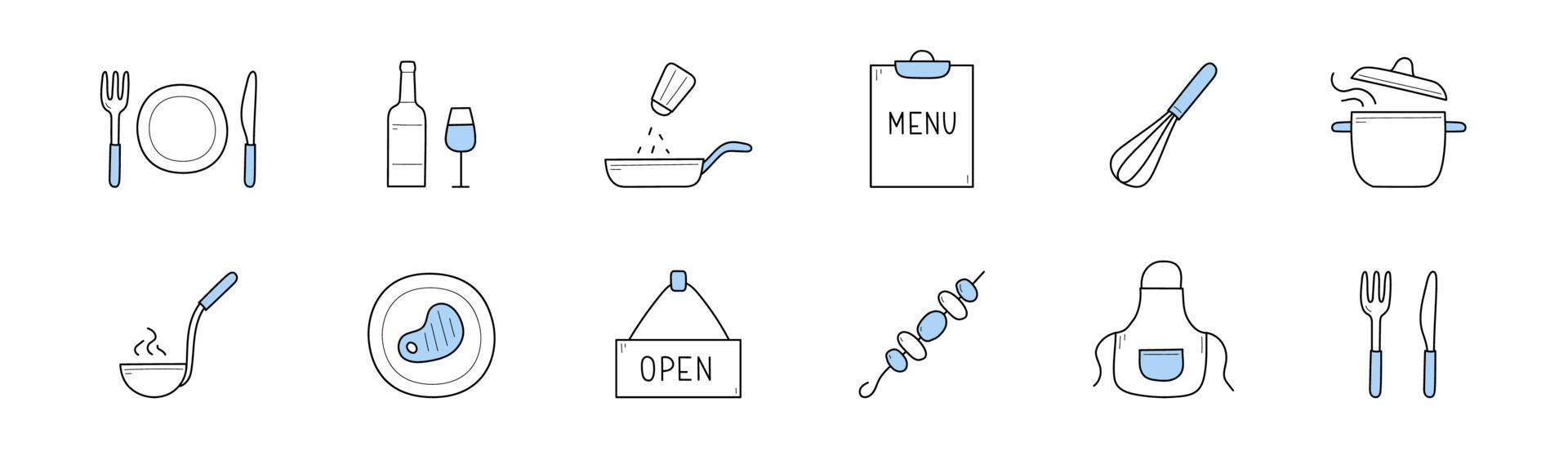 Doodle icons of food, kitchen, restaurant vector