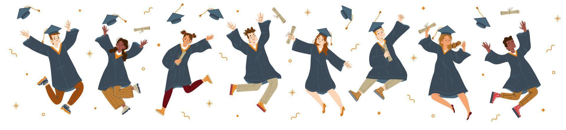 Student graduate jump, characters in gown and cap vector