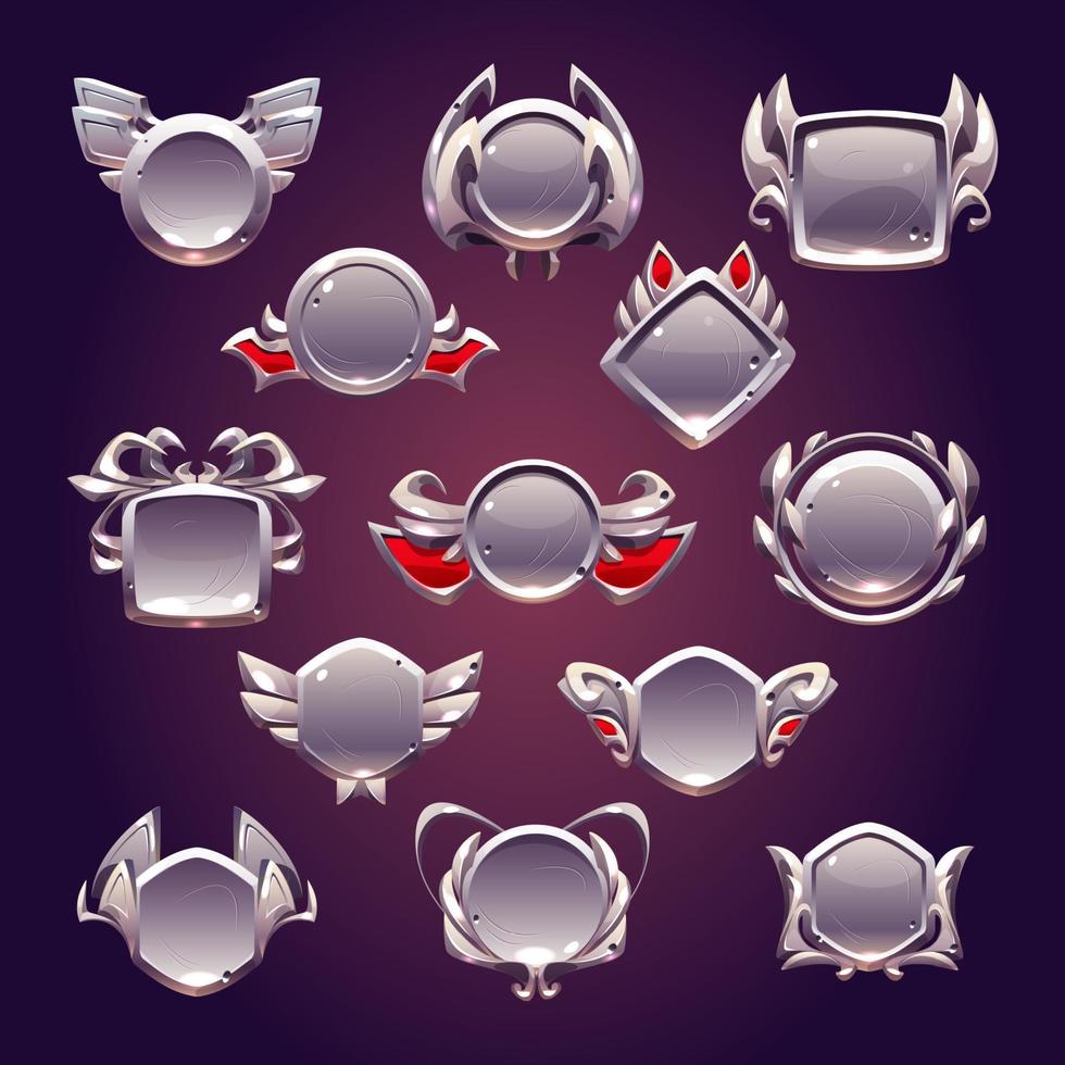 iconos de interfaz de usuario metálicos de nivel de juego, insignias plateadas vacías vector