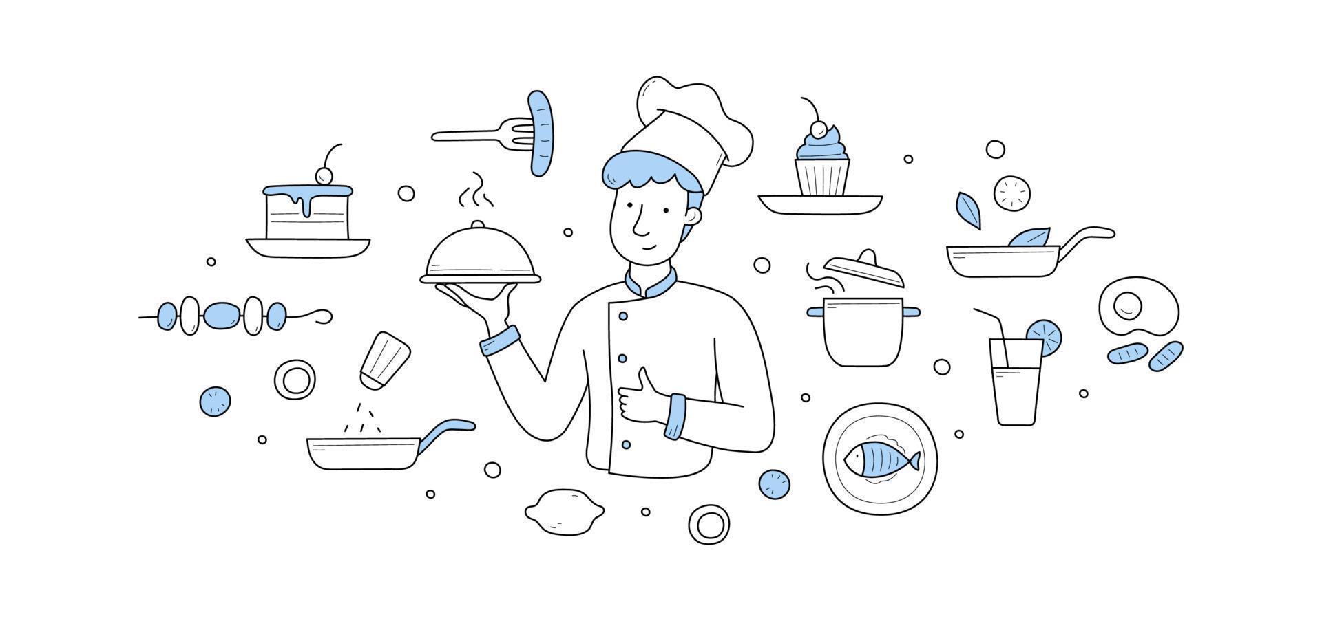 Chef with dish under cloche lid, doodle concept vector