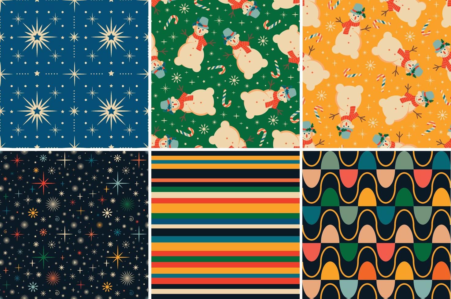 Vintage retro Christmas seamless patterns in the style of the 60s and 70s vector