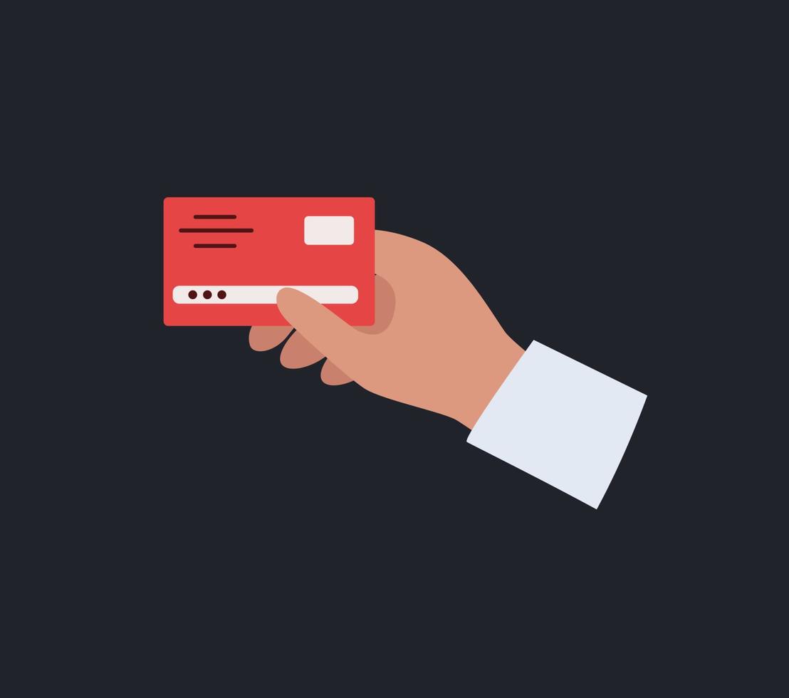 Hand holds a plastic bank card. Payment by credit card, purchase. Vector illustration in a flat style