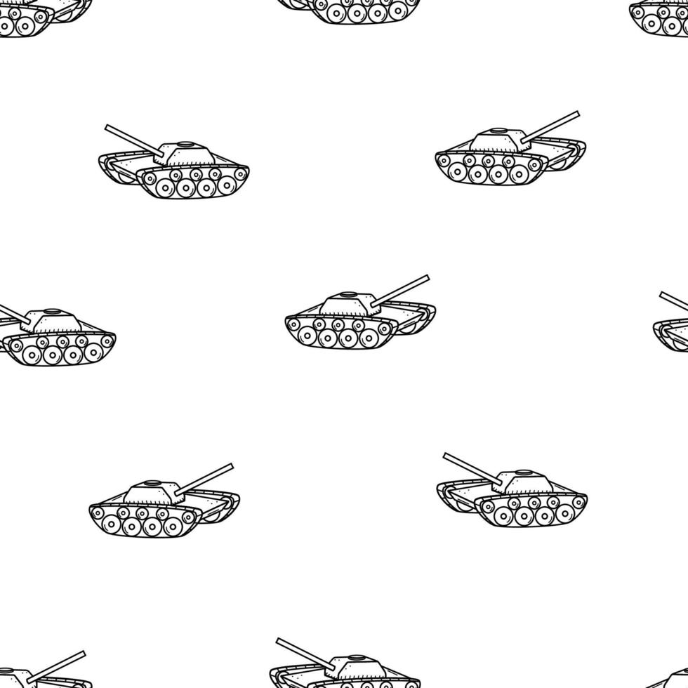 Seamless Pattern Tank with cannon doodle icon. Vector illustration of military equipment.