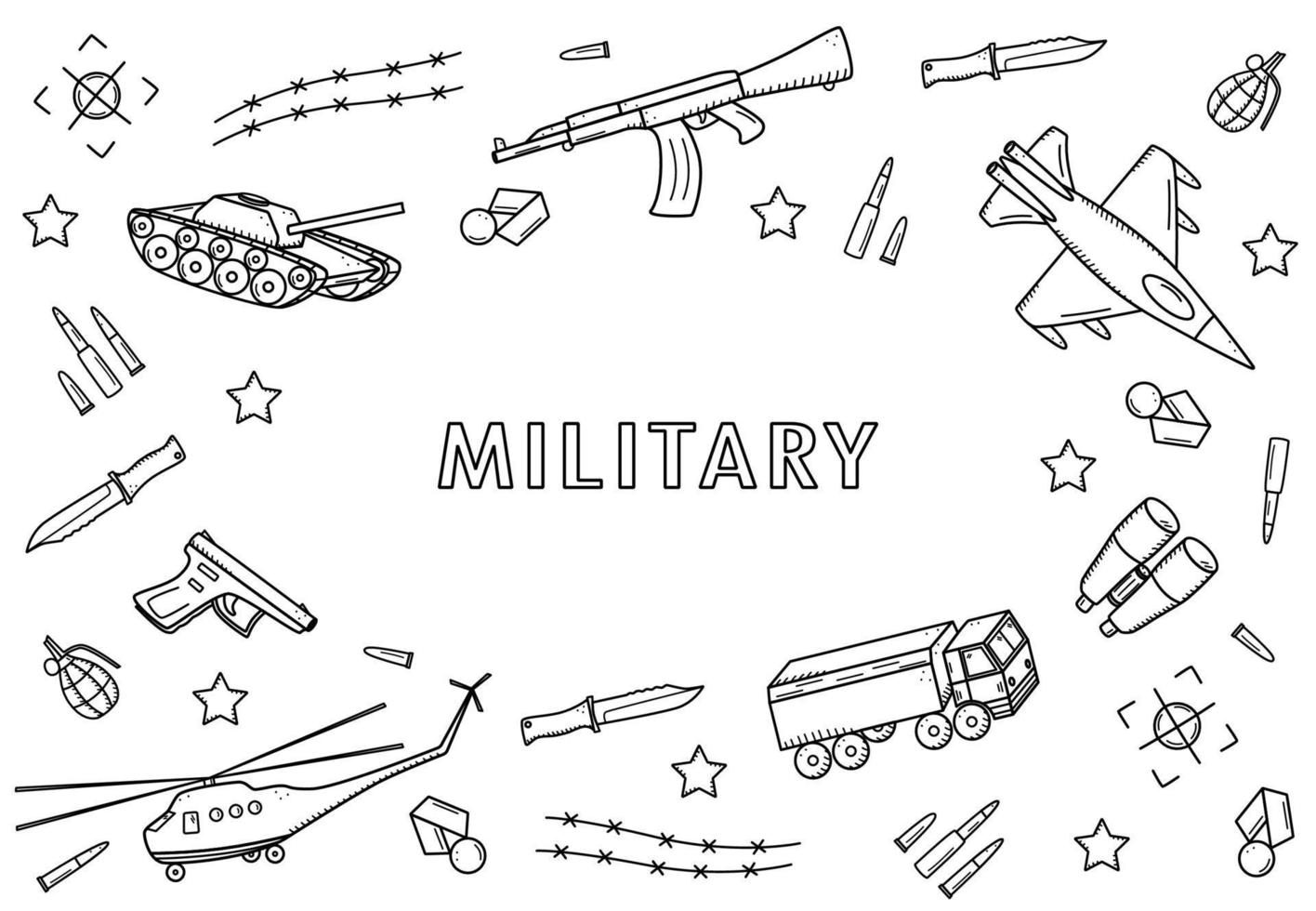 iconos de garabatos militares. ilustración vectorial de un conjunto de equipo militar, artículos del ejército vector