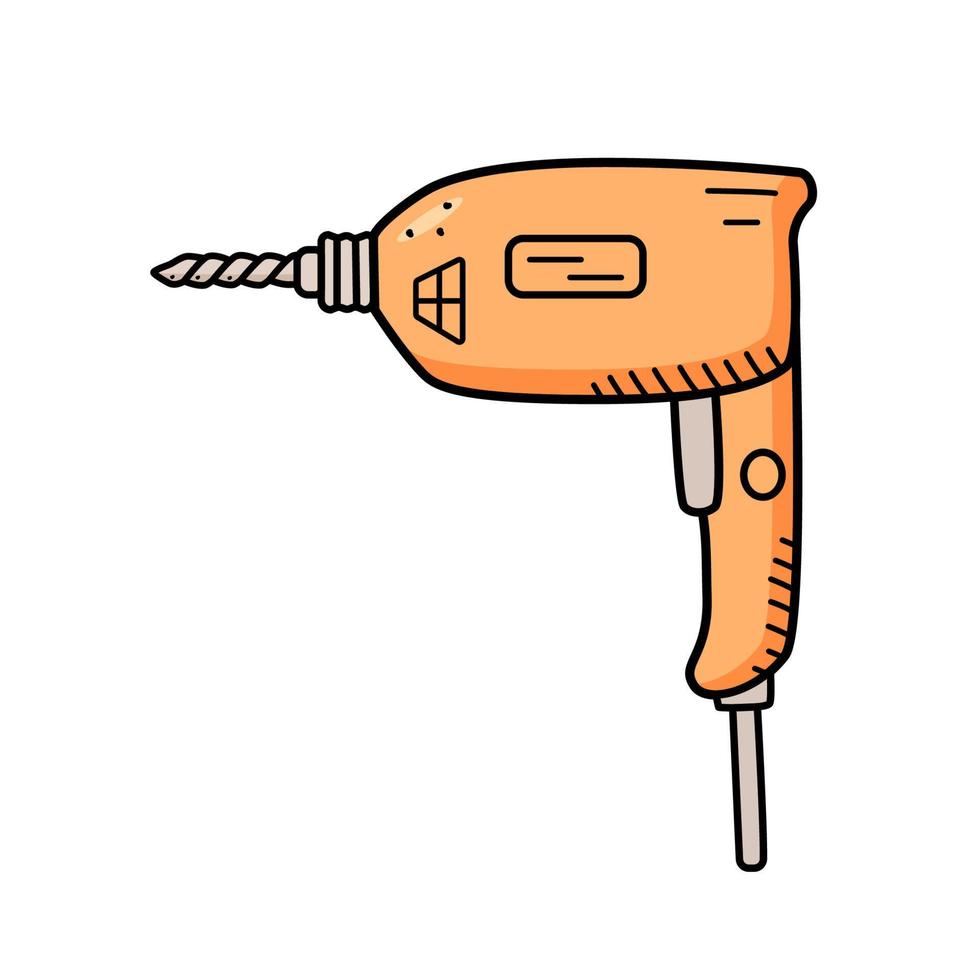 Electric drill and bit, doodle vector construction tool, illustration puncher isolate on white.