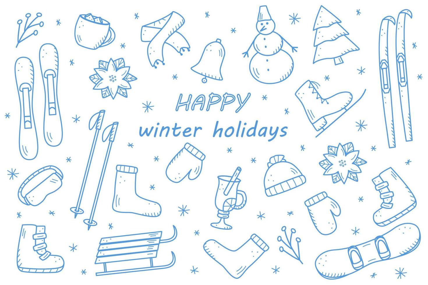 New Year and Christmas elements in the doodle style. Vector illustration of winter clothing, sports equipment, spruce, food and drinks. Winter vacation icons