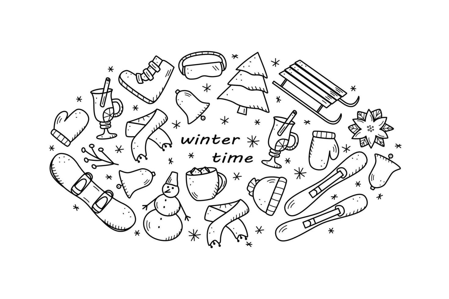 Doodle vector of winter elements and clothing. The concept of winter holidays New Year and Christmas