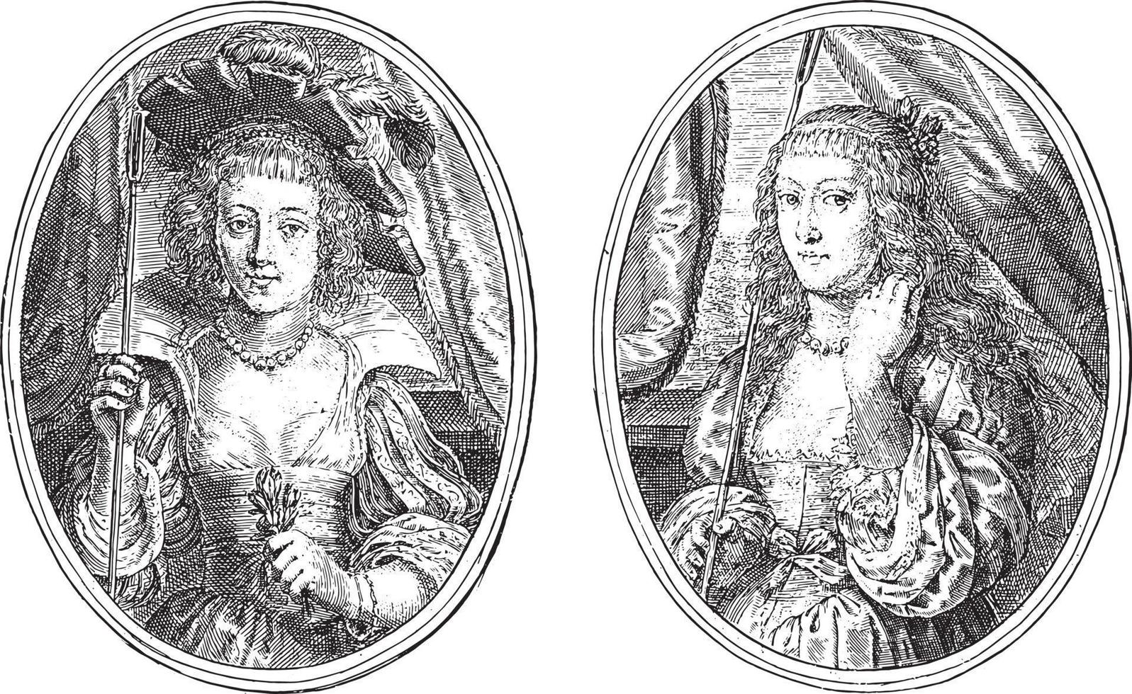 retratos de elizabeth de lorraine y la condesa henrietta de coligny, ilustración vintage. vector