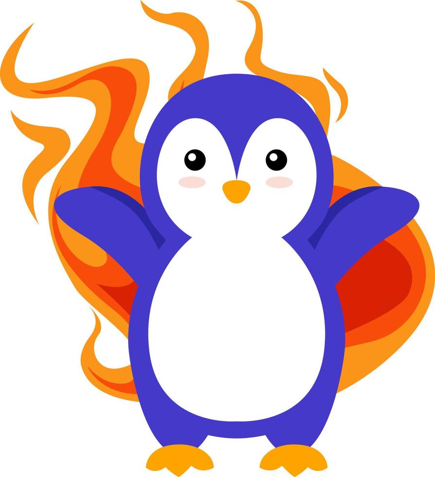 Pingüino en llamas, ilustración, vector sobre fondo blanco.