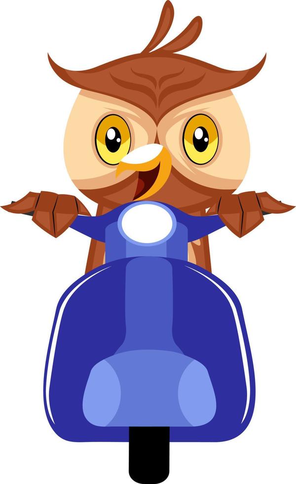 Owl riding scooter, illustration, vector on white background.