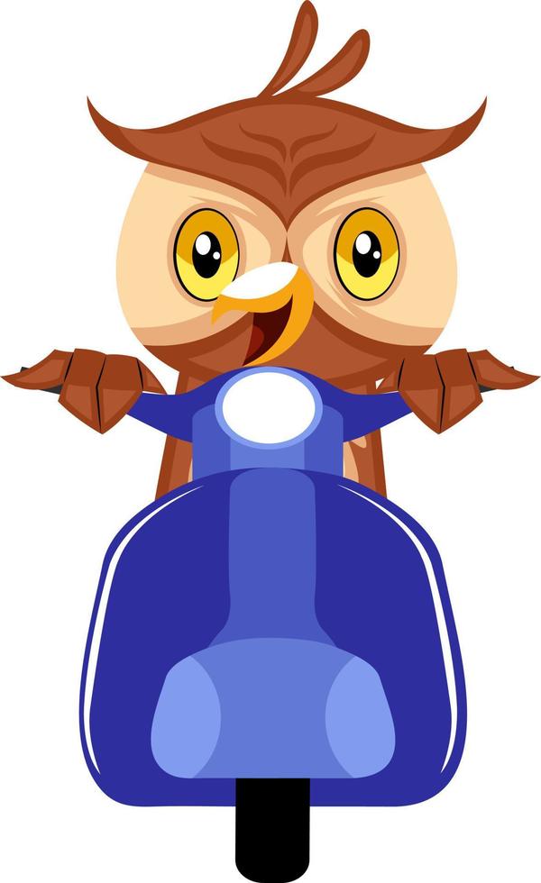 Owl montar scooter, ilustración, vector sobre fondo blanco.