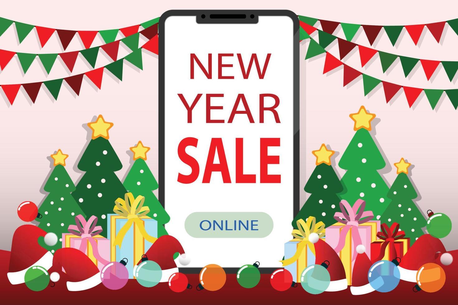 Christmas sale, New year sale, Santa claus on mobile phone with text BIG SALE gift, snow, star, Christmas tree, design for web banner, poster, Christmas invitation card and new year festival. vector