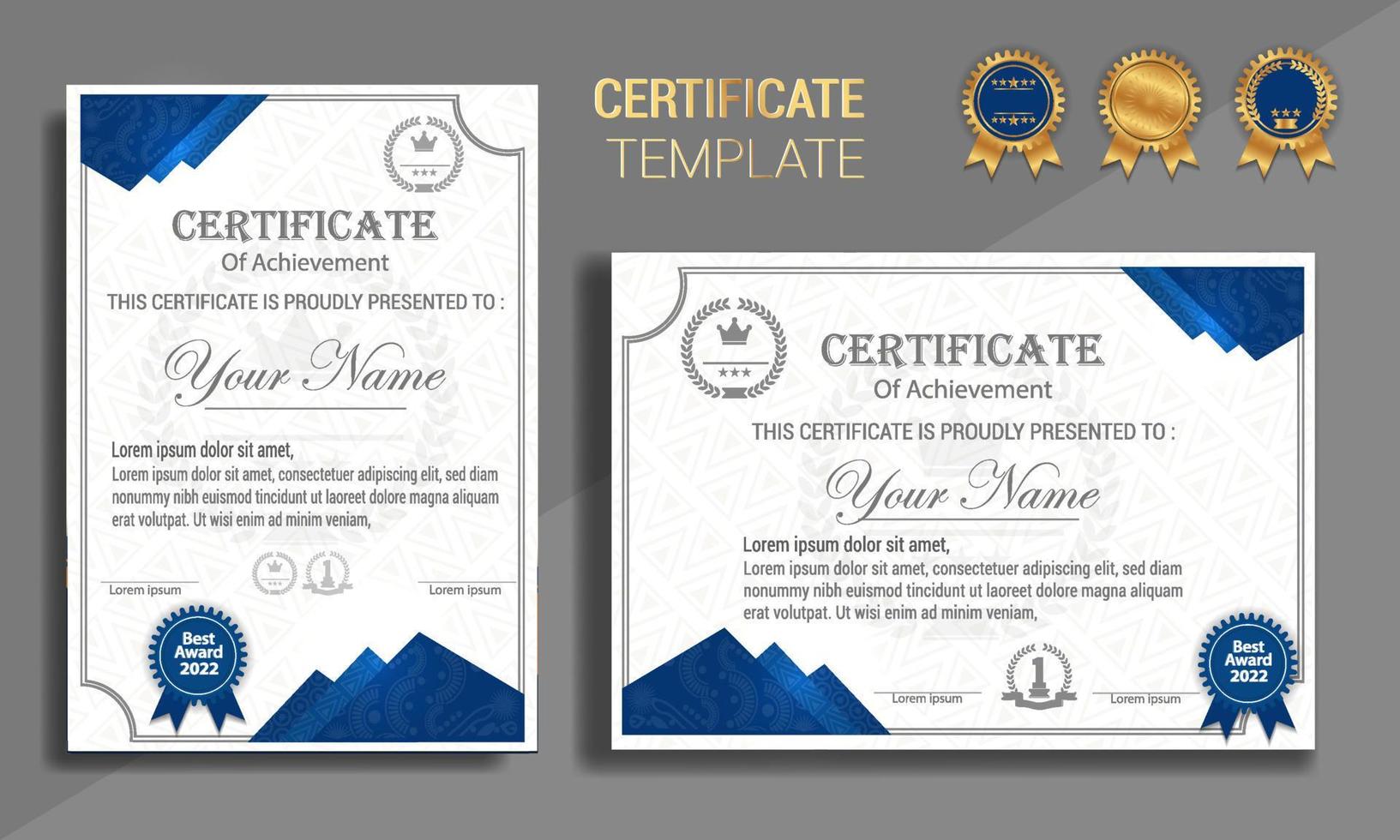 Blue and gold certificate of appreciation border template with luxury badge and modern line and shapes. For award, business, and education needs. Diploma vector template