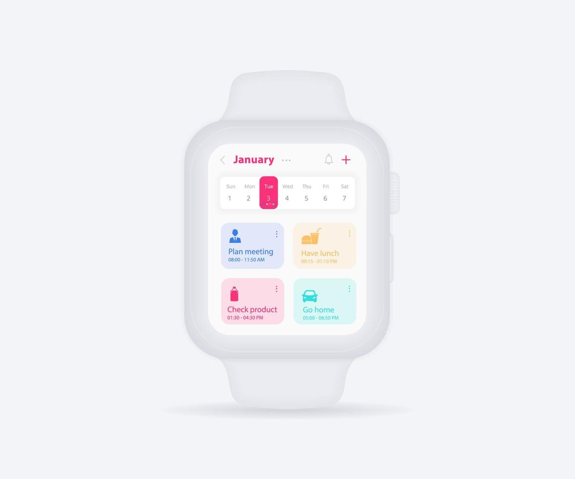 Smartwatch calendar planner app concept, Activity calendar clock UI UX, Wristwatch calendar schedule agenda annual planning meeting application, Calendar events, Appointment, Event fitness, Vector