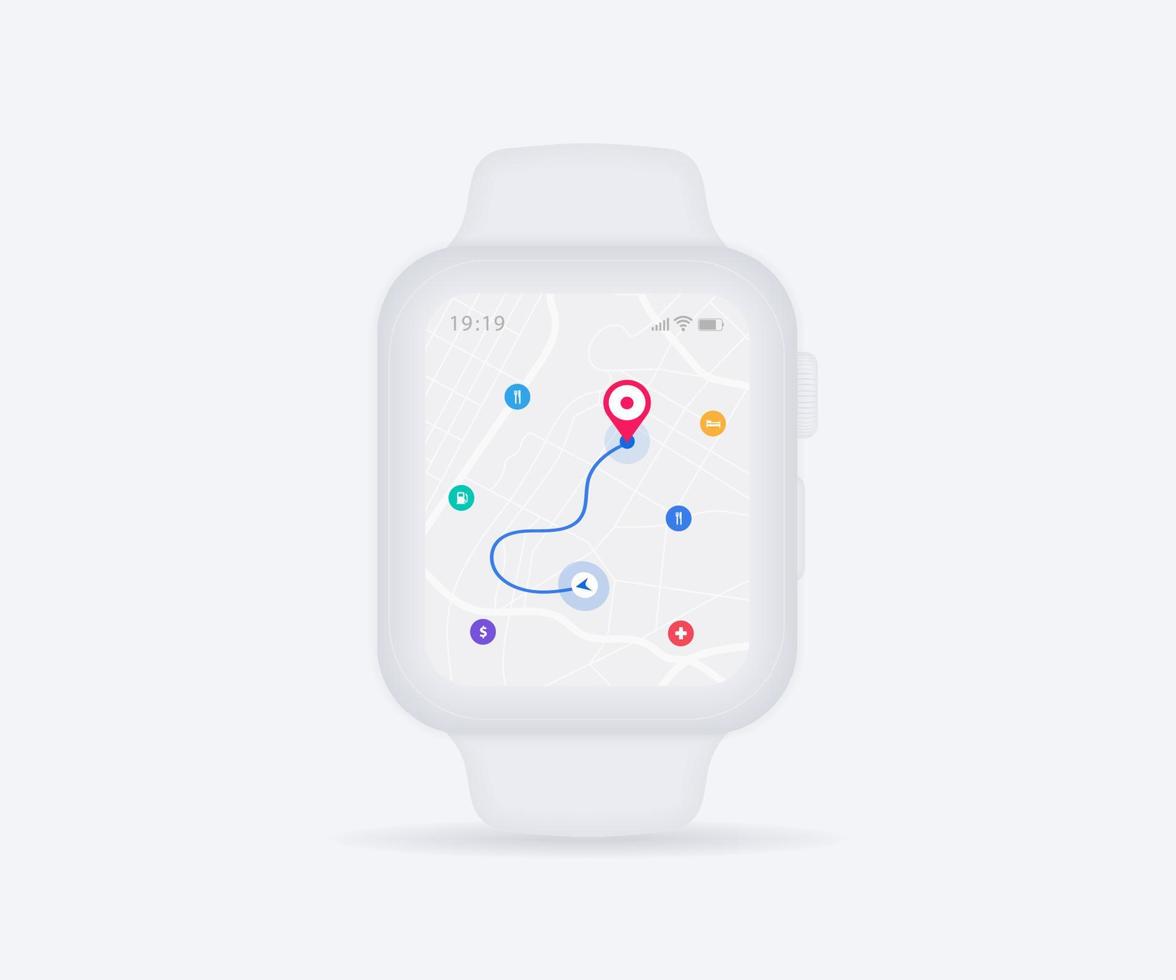 Smartwatch Map GPS navigation app ux ui concept, clock map application, App search map wristwatch, Technology map, City navigate wrist, City street, gps tracking, Location tracker, Vector illustration