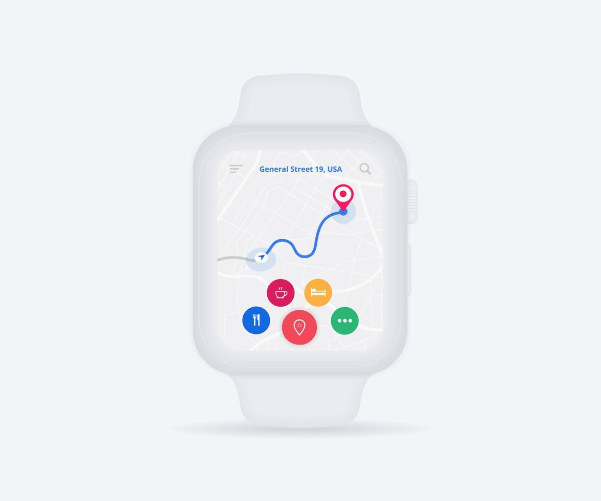 Smartwatch Map GPS navigation app ux ui concept, clock map application, App search map wristwatch, Technology map, City navigate wrist, City street, gps tracking, Location tracker, Vector illustration