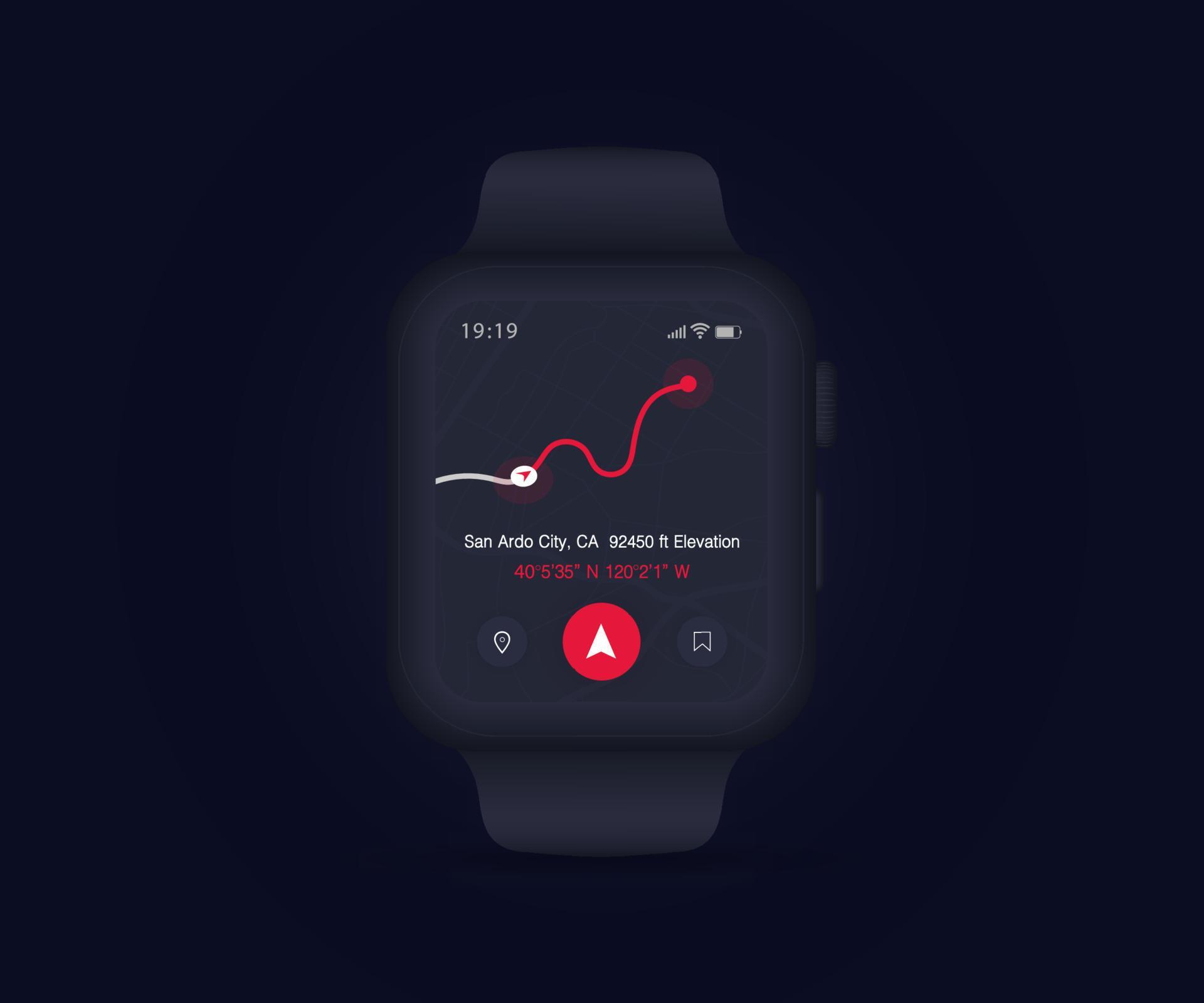 Smartwatch Compass app UI UX GUI concept, Map GPS app on screen