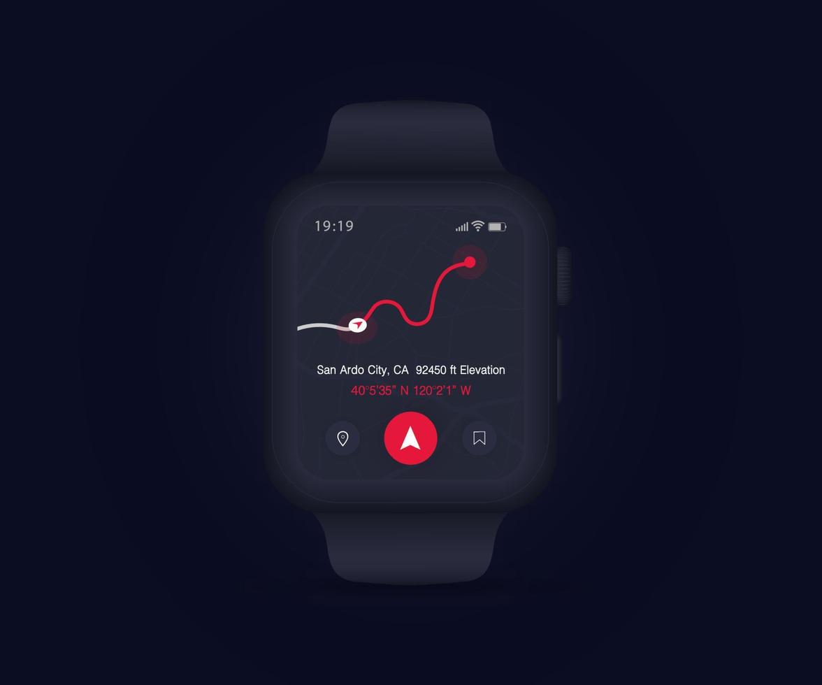 aplicación de brújula smartwatch ui ux concepto gui, aplicación gps de mapa en navegación en pantalla, reloj meteorológico, brújula de aplicación para navegador, mapa de aplicación, tecnología de navegación noroeste sureste, ilustración vectorial vector