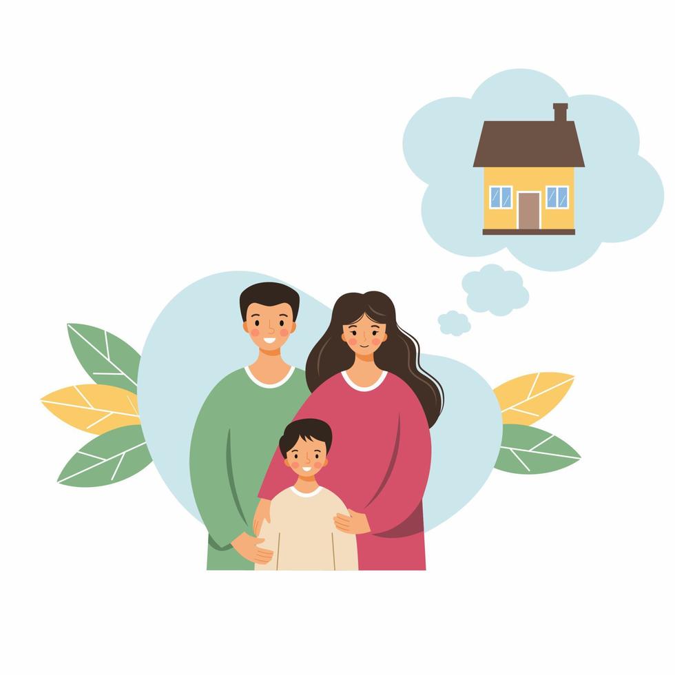Family dreams of buying house. Rental real estate. Happy parents. vector