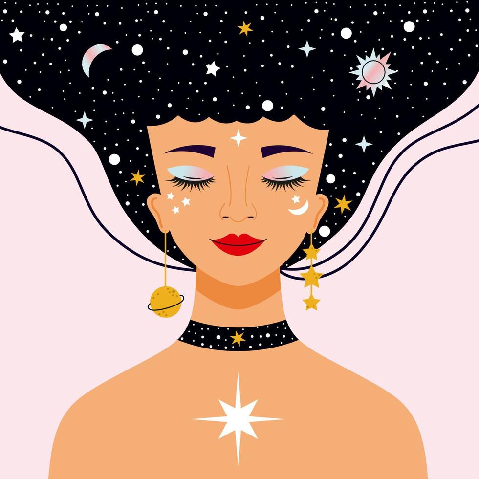 hermosa mujer con estrellas en el cabello. chica con maquillaje brillante. astrólogo. luna y constelación. espacio exterior. galaxia. vector