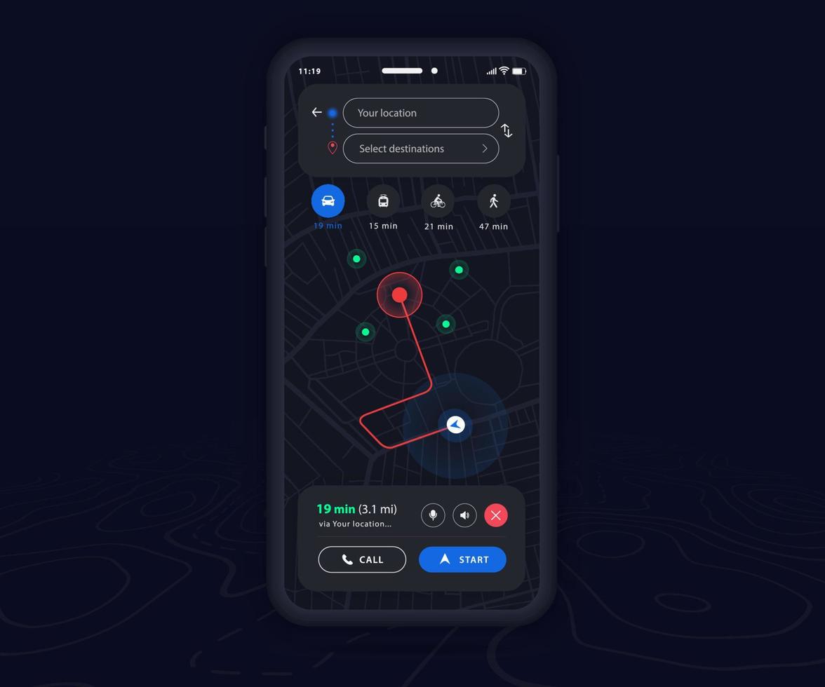 Smartphone map GPS navigation app dark mode ux ui concept, Mobile map application, App search map navigation, Technology map, City street navigation maps, gps tracking, App dark mode, Vector
