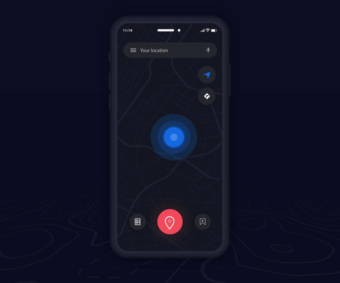 Map GPS navigation dark mode ux ui concept, Smartphone map application and destination blue pinpoint on screen, App search map navigation, City street, Phone map gps tracking app, Vector illustration