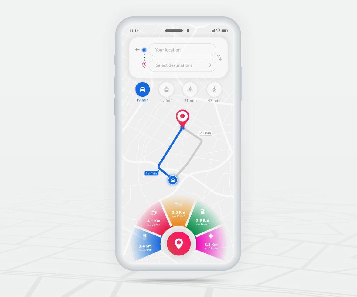 Map GPS navigation ux ui concept, Smartphone map application and destination pinpoint on screen, App search map navigate, Technology map, City navigation maps, City street, tracking, location, Vector