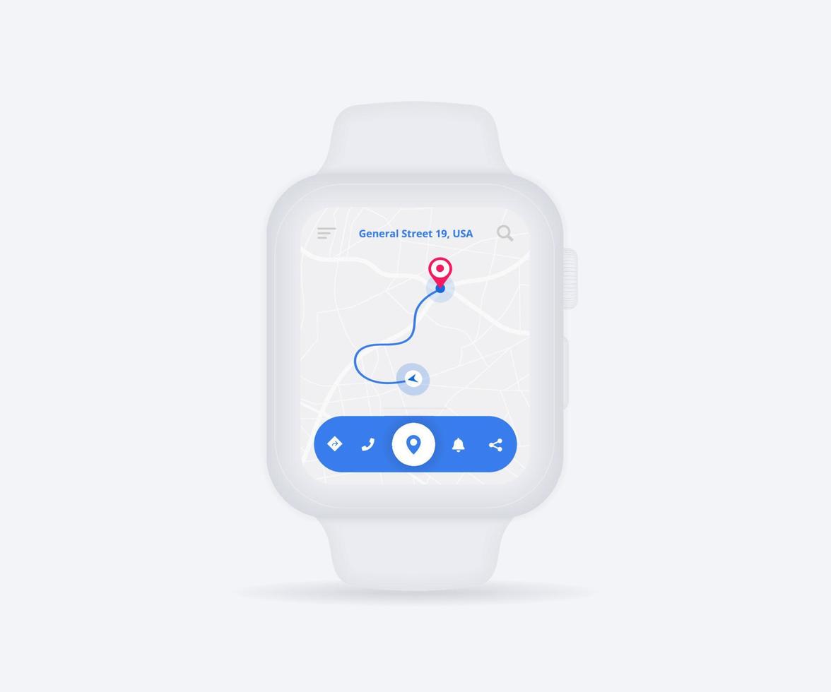 Smartwatch Map GPS navigation app ux ui concept, clock map application, App search map wristwatch, Technology map, City navigate wrist, City street, gps tracking, Location tracker, Vector illustration