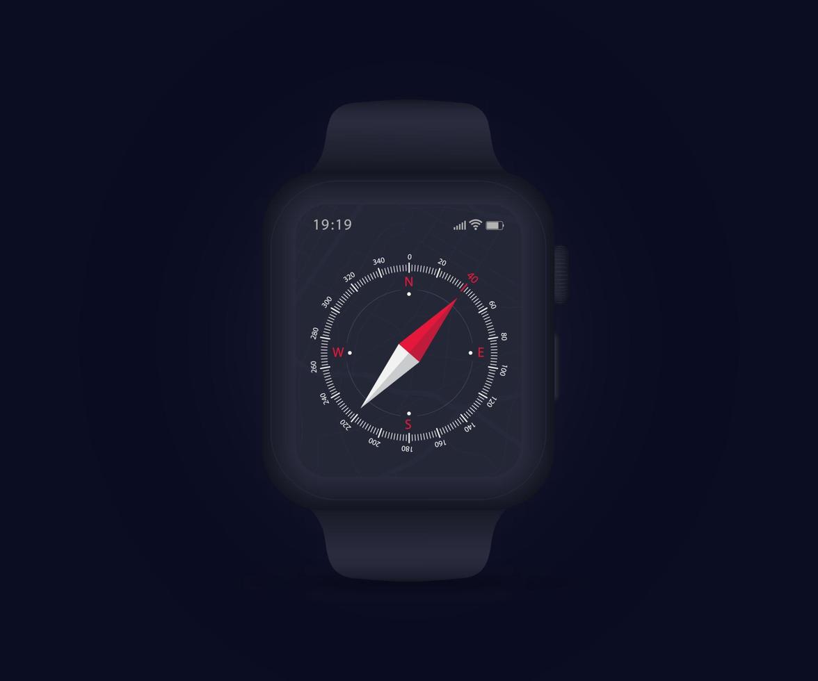 aplicación de brújula smartwatch ui ux concepto gui, aplicación gps de mapa en navegación en pantalla, reloj meteorológico, brújula de aplicación para navegador, mapa de aplicación, tecnología de navegación noroeste sureste, ilustración vectorial vector