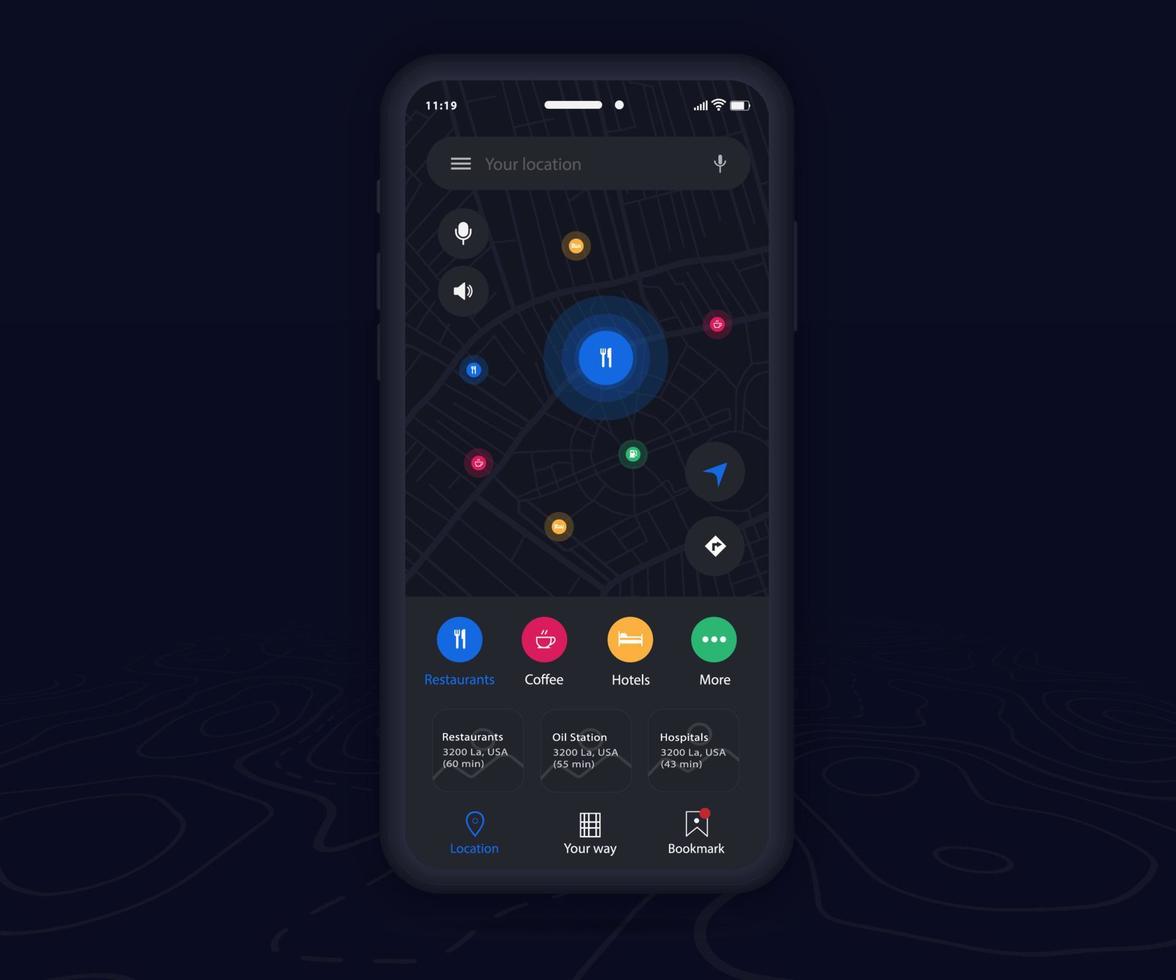 Smartphone map GPS navigation app dark mode ux ui concept, Mobile map application, App search map navigation, Technology map, City street navigation maps, gps tracking, App dark mode, Vector