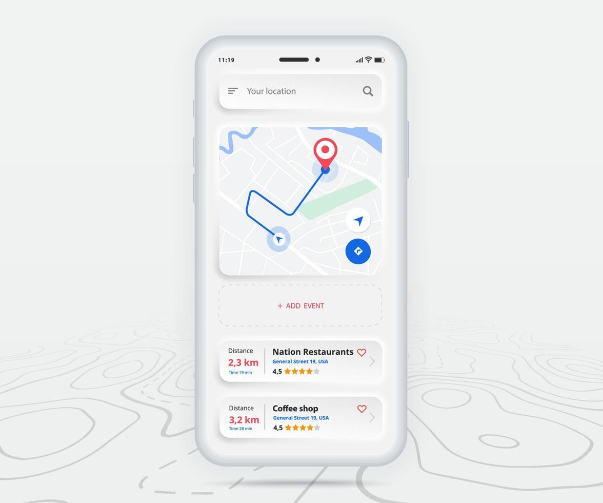 Map GPS navigation app ux ui concept, Mobile map application, Smartphone App search map navigation, Technology map, City navigation maps, City street, gps tracking, Location tracker, Vector