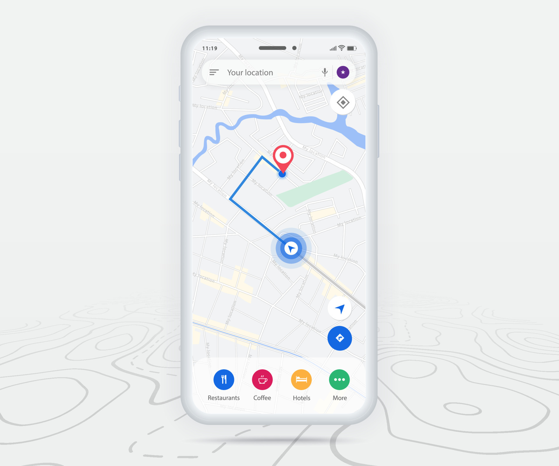 Map GPS navigation ux ui concept, Smartphone map application and