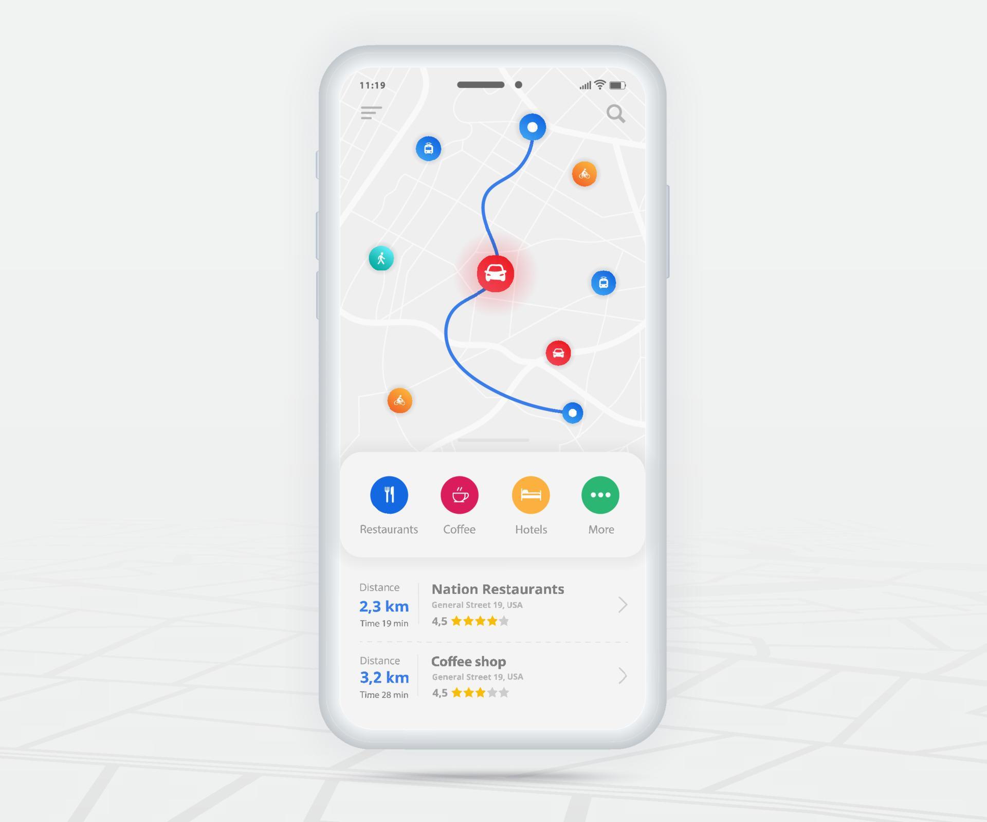 Map GPS navigation app ux ui concept, Mobile map application