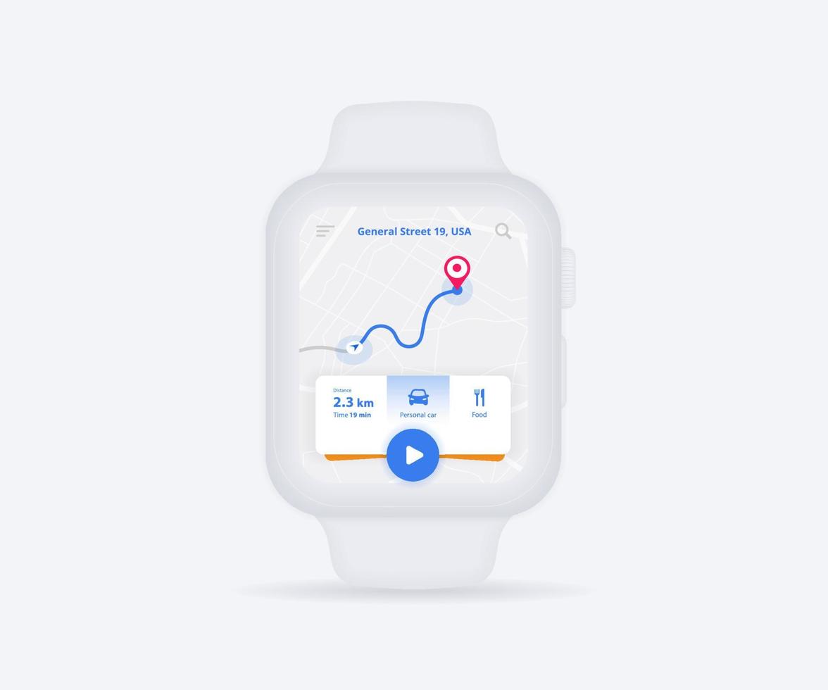 Smartwatch Map GPS navigation app ux ui concept, clock map application, App search map wristwatch, Technology map, City navigate wrist, City street, gps tracking, Location tracker, Vector illustration