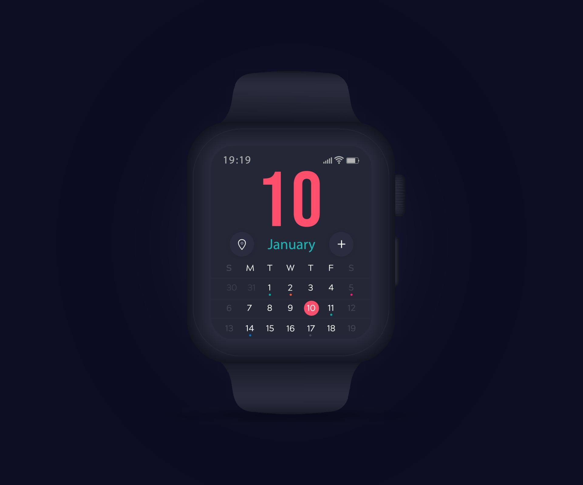 Smartwatch calendar planner app concept, Activity calendar clock UI UX