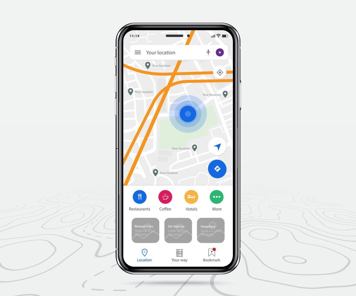 Mobile map gps, Smartphone map application and red pinpoint on screen, App search map navigation, isolated on line maps background, Vector illustration for graphic design