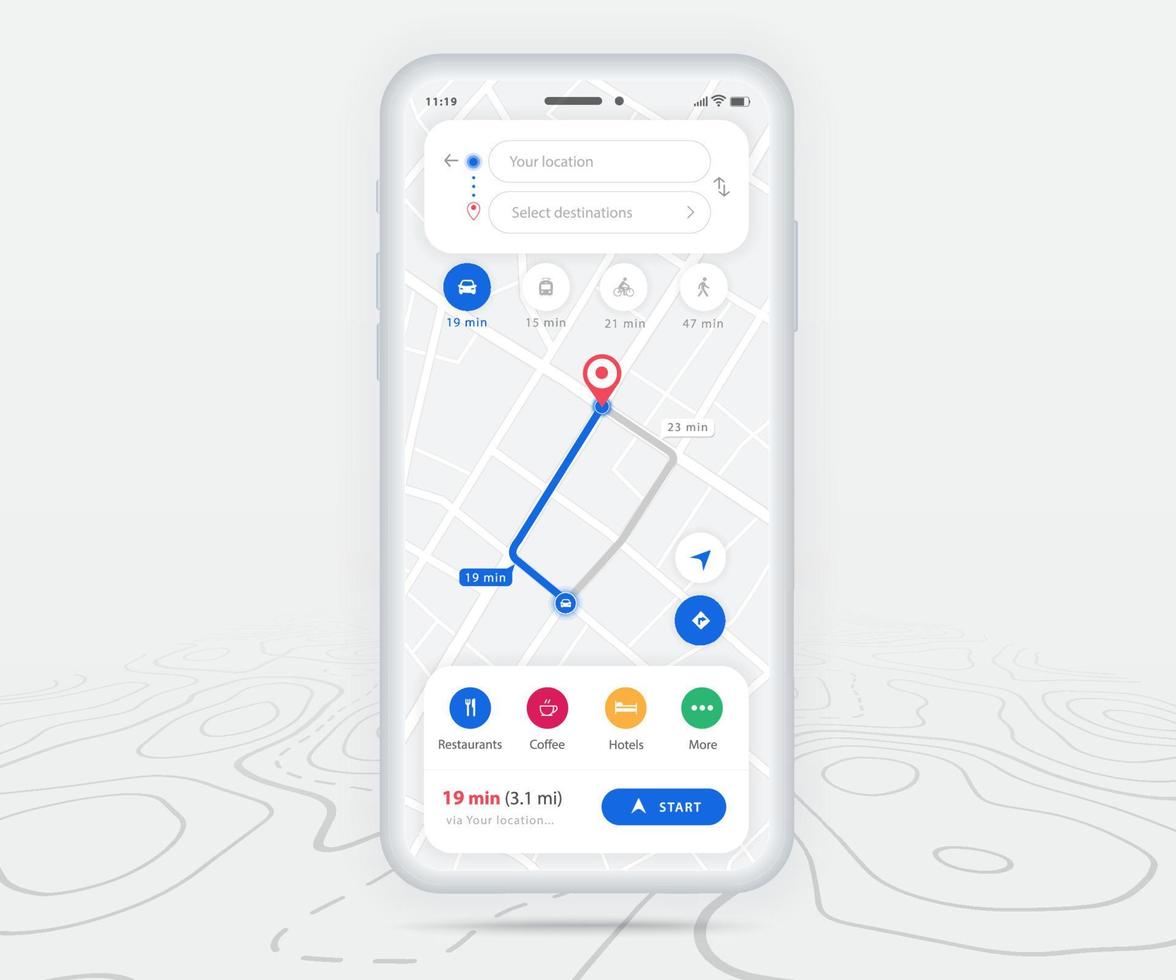 Map GPS navigation ux ui concept, Smartphone map application and destination pinpoint on screen, App search map navigate, Technology map, City navigation maps, City street, tracking, location, Vector