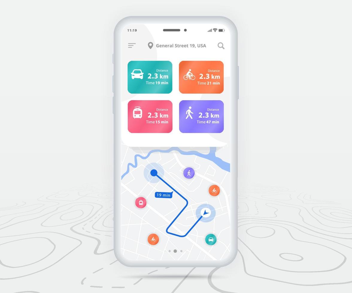 Map GPS navigation ux ui concept, Smartphone map application and destination pinpoint on screen, App search map navigate, Technology map, City navigation maps, City street, tracking, location, Vector