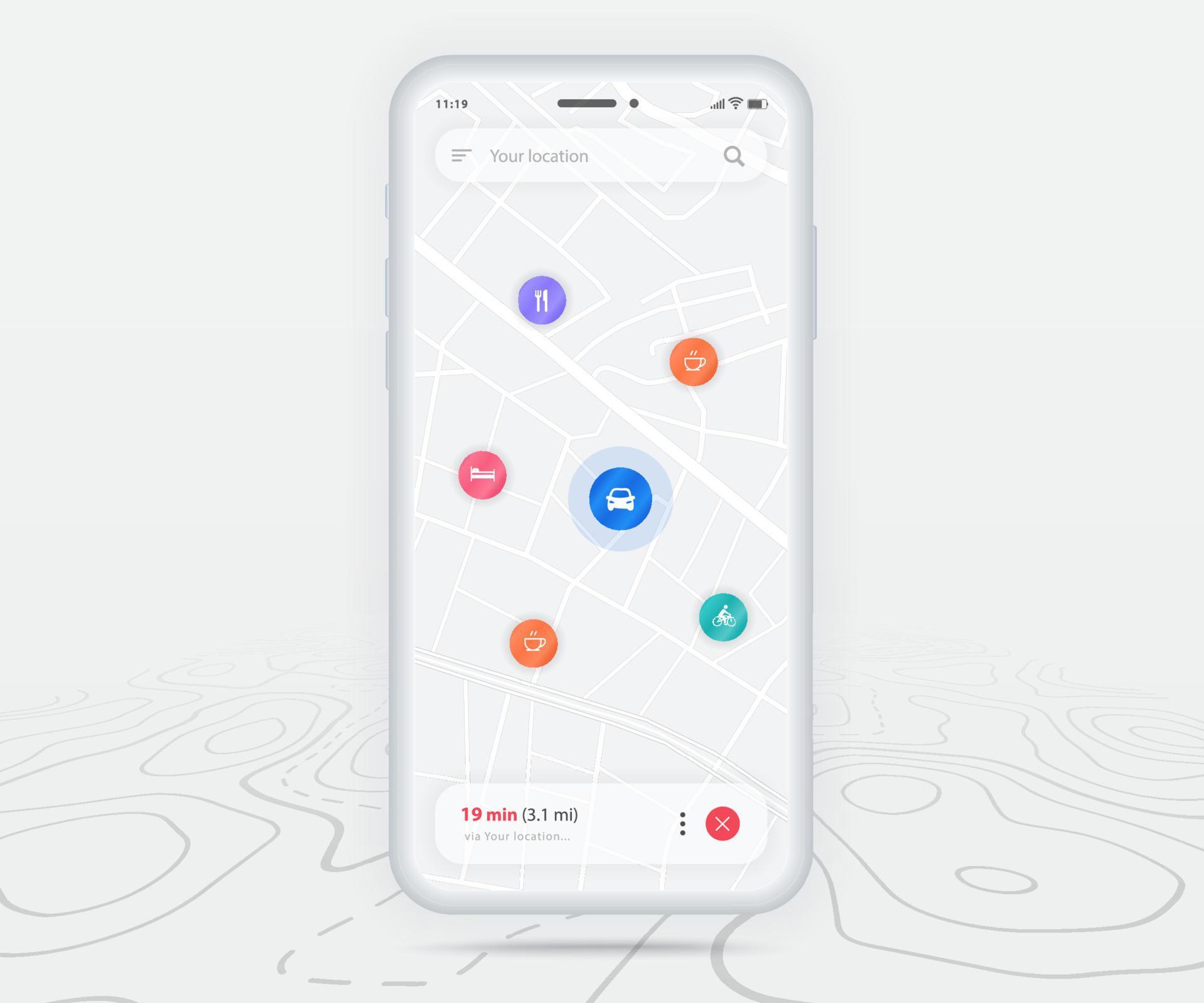 Map GPS navigation ux ui concept, Smartphone map application and