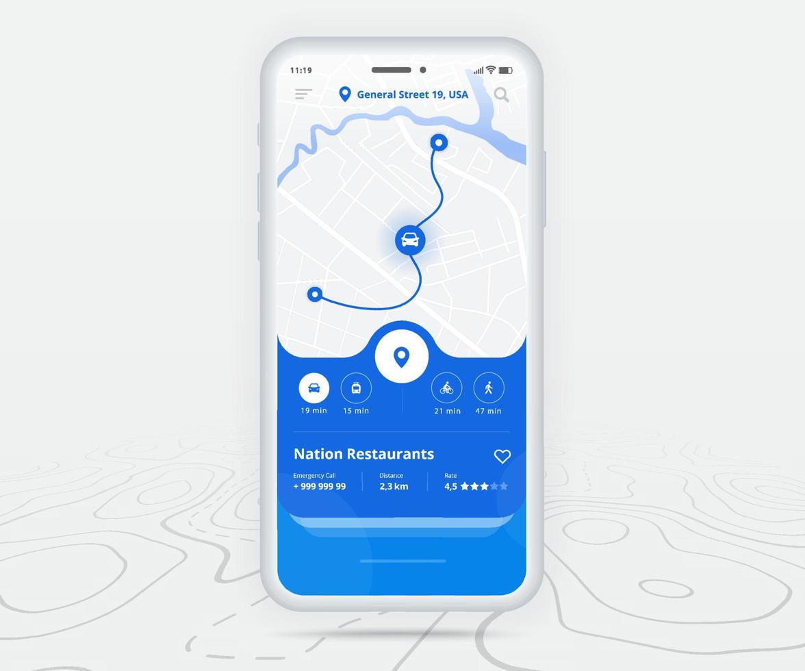 Map GPS navigation ux ui concept, Smartphone map application and destination pinpoint on screen, App search map navigate, Technology map, City navigation maps, City street, tracking, location, Vector