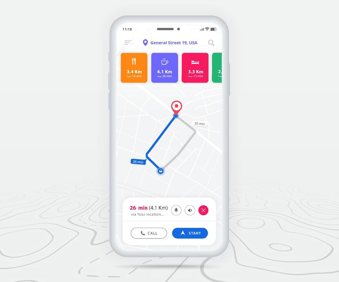 Map GPS navigation ux ui concept, Smartphone map application and destination pinpoint on screen, App search map navigate, Technology map, City navigation maps, City street, tracking, location, Vector