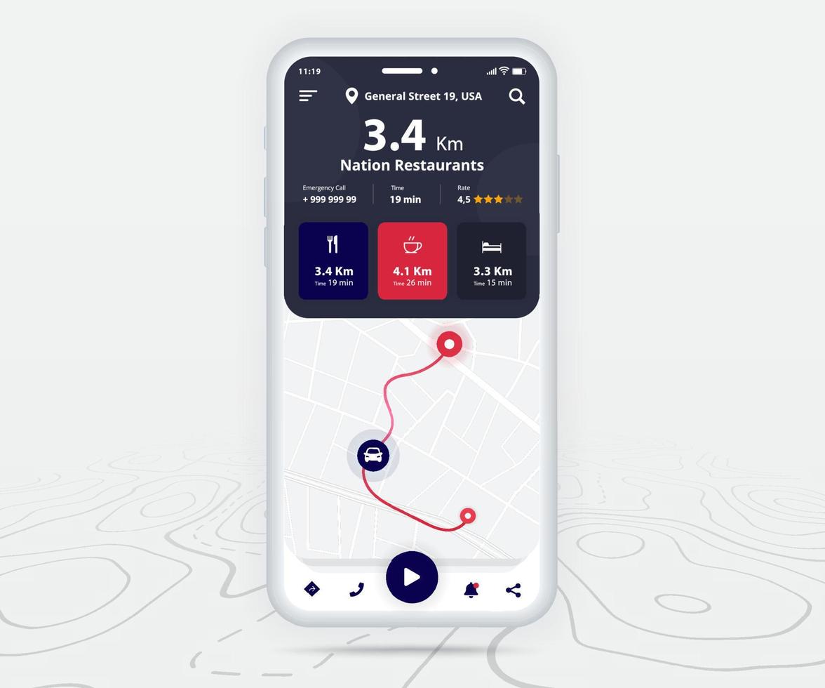 mapa gps navegación ux ui concepto, punto de destino de aplicación de mapa de teléfono inteligente en pantalla, navegación de mapa de búsqueda de aplicación, mapa de tecnología, mapas de navegación de ciudad, conductor de entrega, calle, pista, vector de ubicación