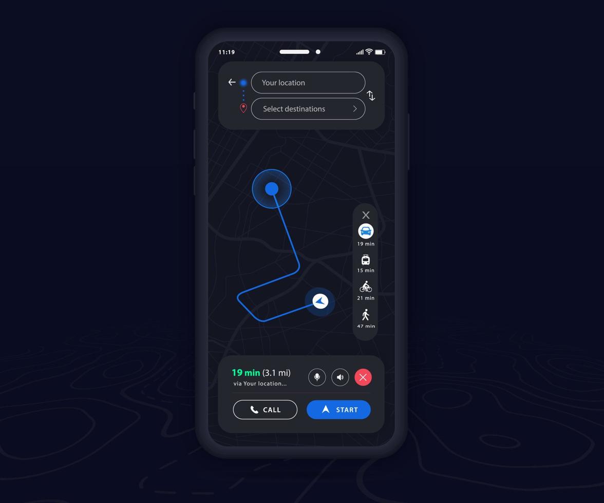 Smartphone map GPS navigation app dark mode ux ui concept, Mobile map application, App search map navigation, Technology map, City street navigation maps, gps tracking, App dark mode, Vector