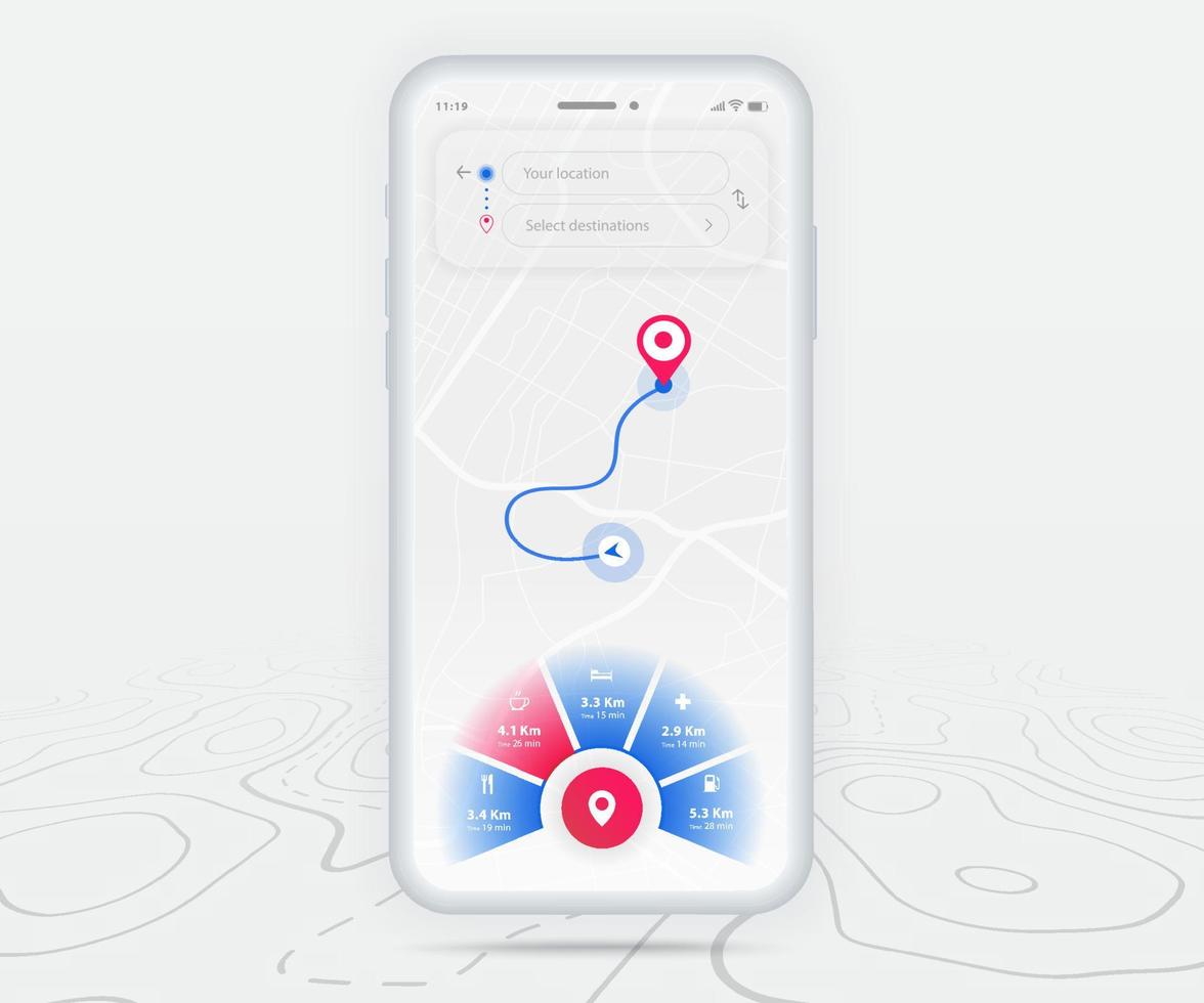 mapa gps navegación ux ui concepto, punto de destino de aplicación de mapa de teléfono inteligente en pantalla, navegación de mapa de búsqueda de aplicación, mapa de tecnología, mapas de navegación de ciudad, conductor de entrega, calle, pista, vector de ubicación