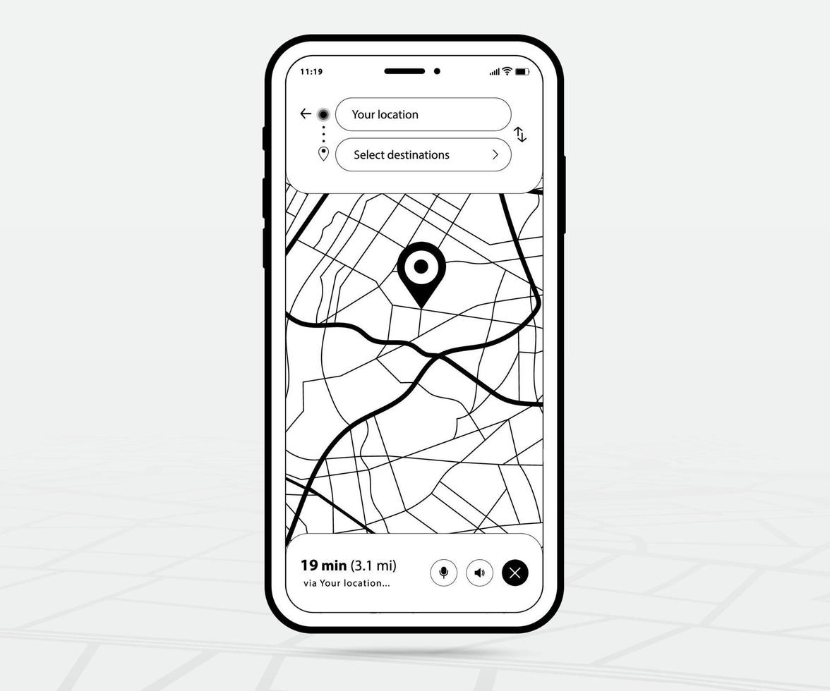 Map GPS navigation ux ui outline, Smartphone map application and destination pinpoint on screen, App search maps navigate, Technology map, City navigation maps, Map icon, tracking, location, Vector