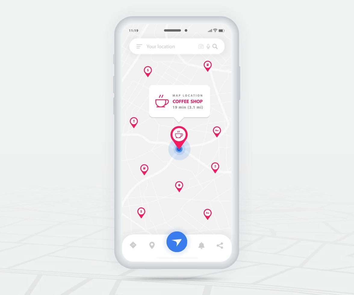 Map GPS navigation coffee shop app ux ui concept, Mobile map application, Smartphone App search map navigate, Technology map, City navigation maps, City street, gps tracking, Location tracker, Vector