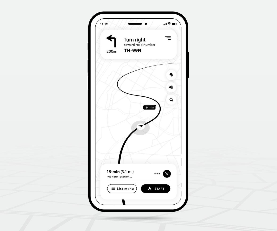 Map GPS navigation ux ui outline, Smartphone map application and destination pinpoint on screen, App search maps navigate, Technology map, City navigation maps, Map icon, tracking, location, Vector