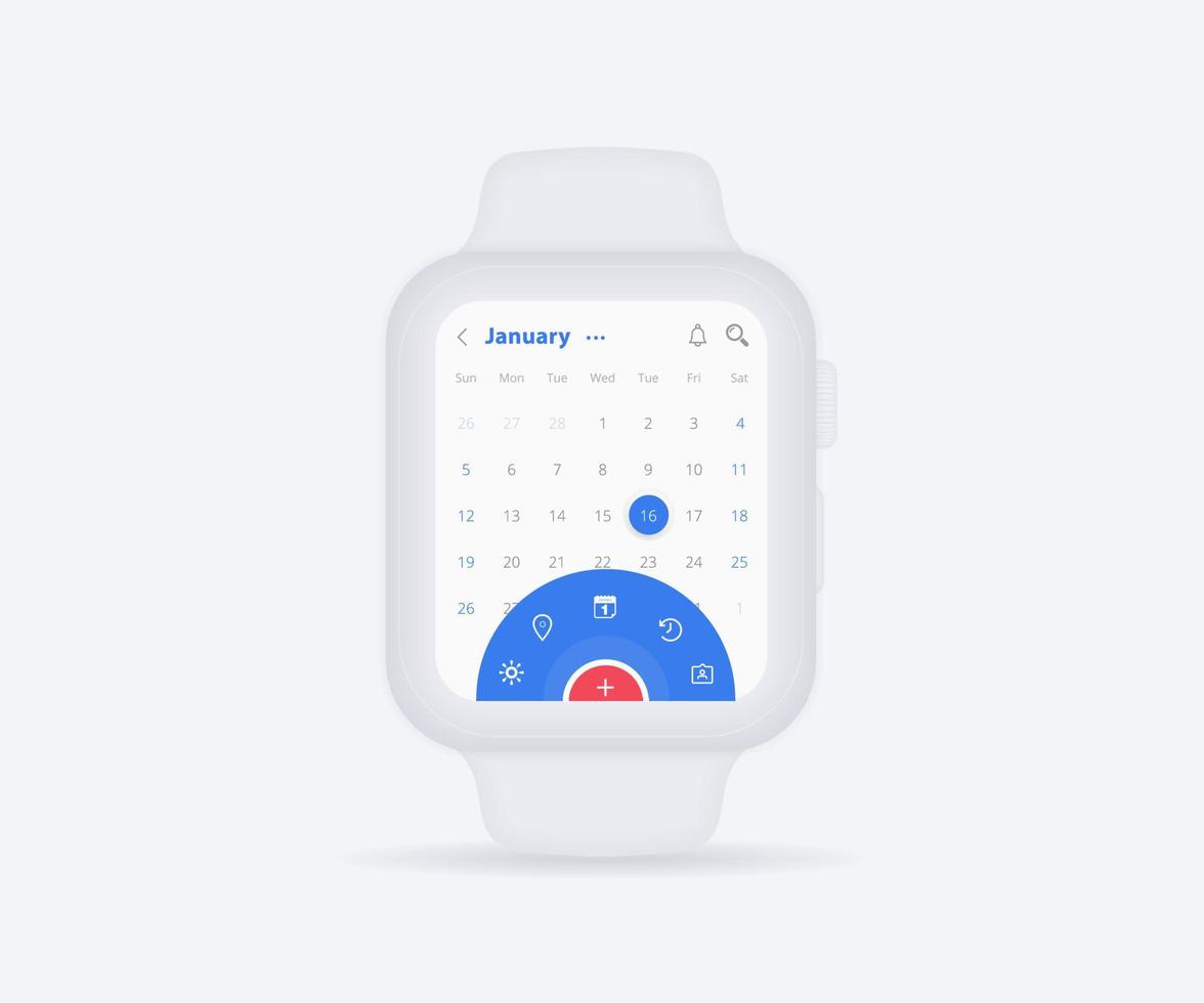 Smartwatch calendar planner app concept, Activity calendar clock UI UX, Wristwatch calendar schedule agenda annual planning meeting application, Calendar events, Appointment, Event fitness, Vector