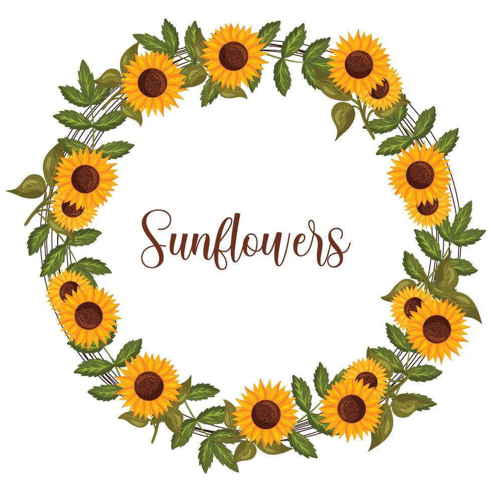 Autumn wreath with sunflowers and green leaves with space for text. Vector illustration isolated white background.